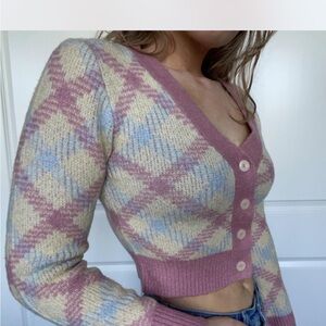 Cottage core Pastel butter yellow Argyle Cropped Cardigan – Size M